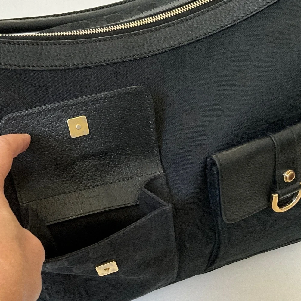 GUCCI Vintage GG Canvas Abbey D-Ring Pocket Hobo Black